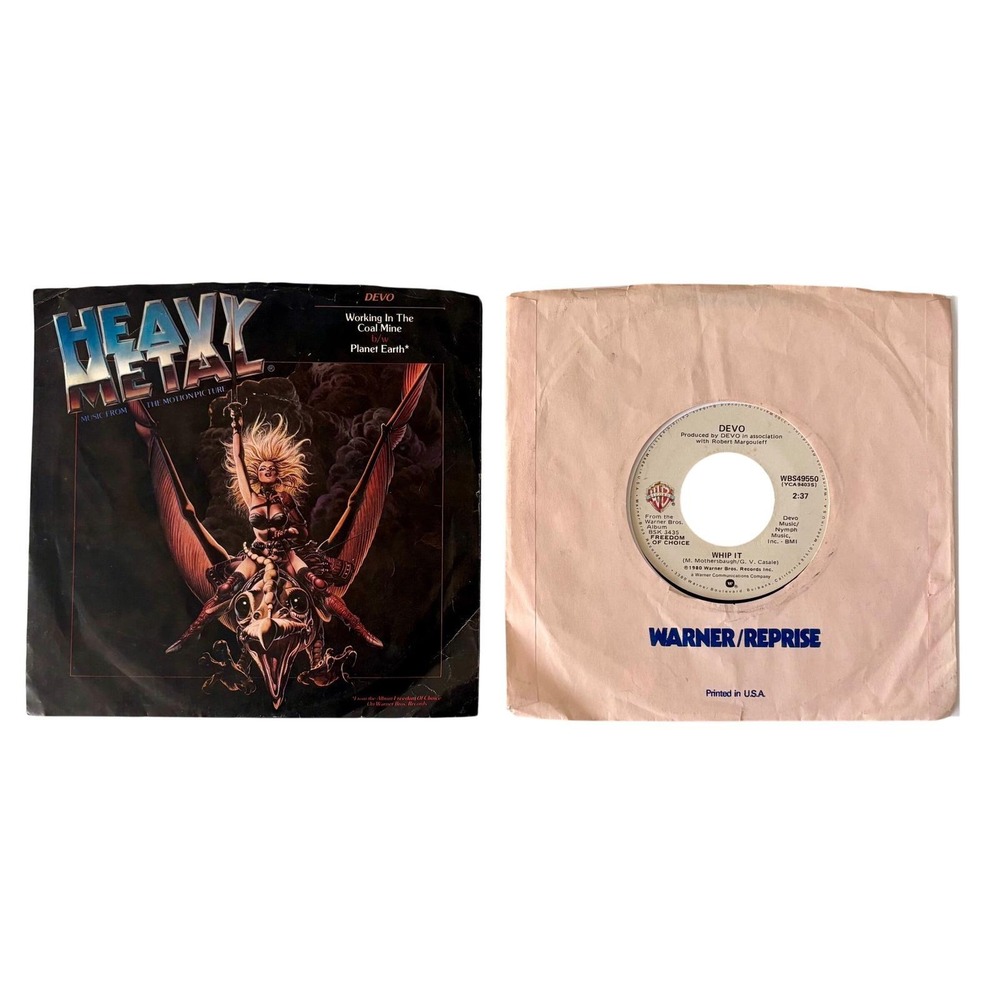 DEVO Whip It & Working In The Coal Mine 45 RPM Vinyl Records Heavy Metal Sleeve
